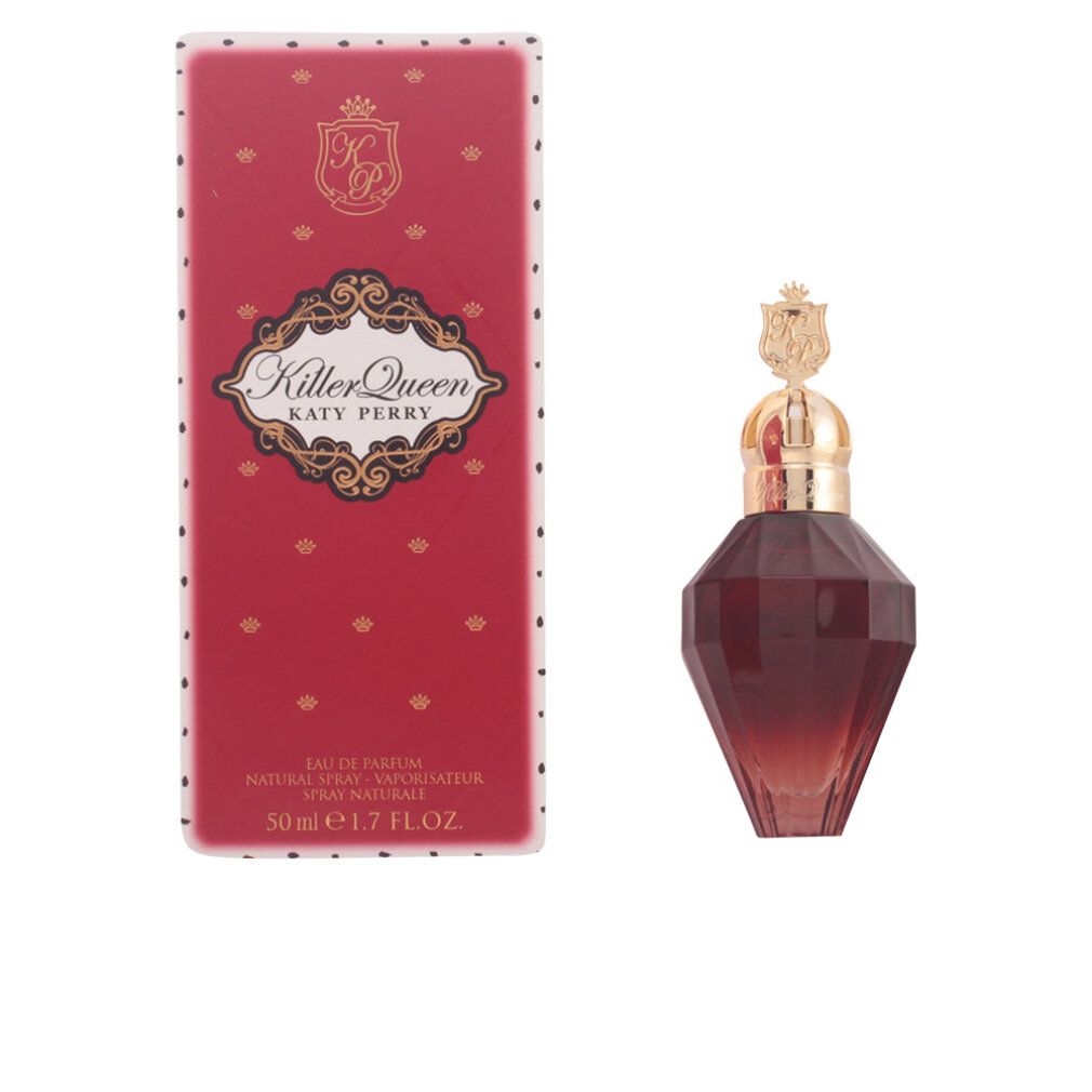 Flacone di profumo e confezione. Flacone a forma di diamante, sfumatura rosso-trasparente. Confezione rossa con scritta Killer Queen.