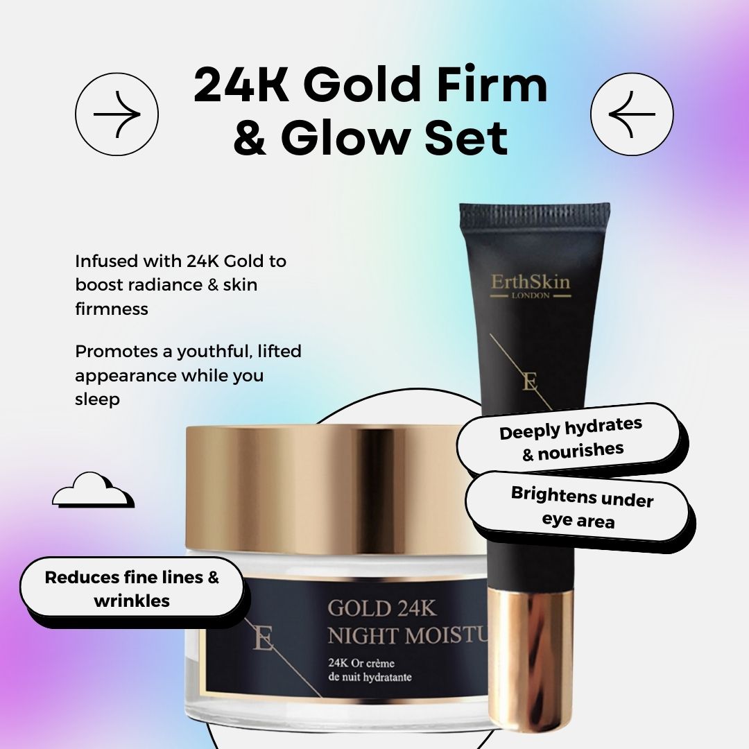 Set ErthSkin London. Crema notte e contorno occhi. Coperchi dorati. Testo: 24K Gold. Elementi grafici: frecce, fumetti.