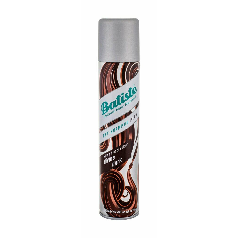Batiste Shampoo Secco Dark. Flacone con riccioli marroni e testo. Tappo argentato.