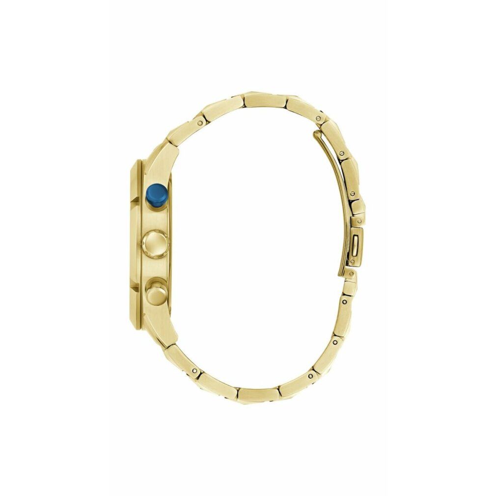 Orologio dorato visto di lato. Corona e pulsanti blu. Maglie del cinturino visibili.