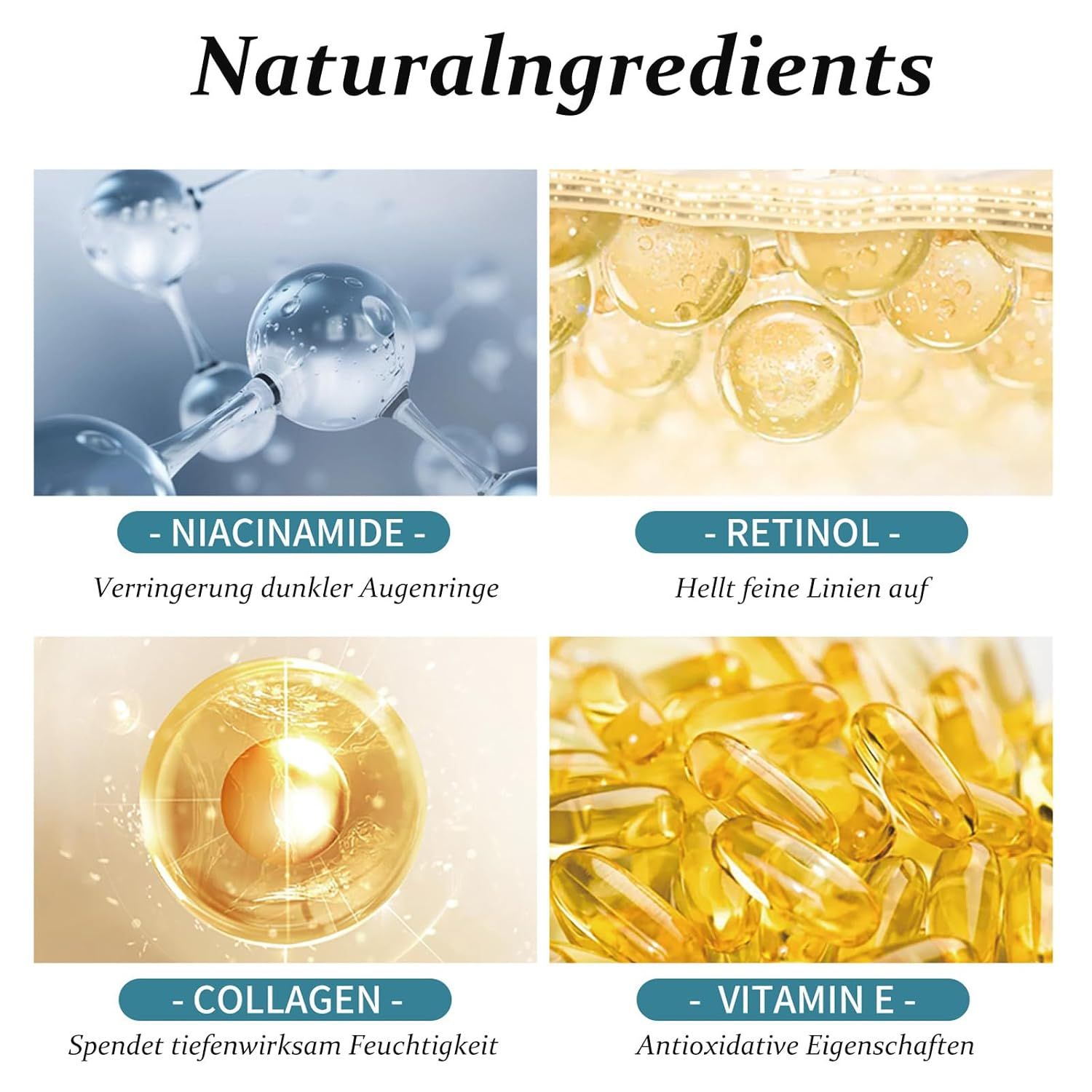 Ingredienti naturali della crema Soleneva Retinolo: Niacinamide, Retinolo, Collagene, Vitamina E.