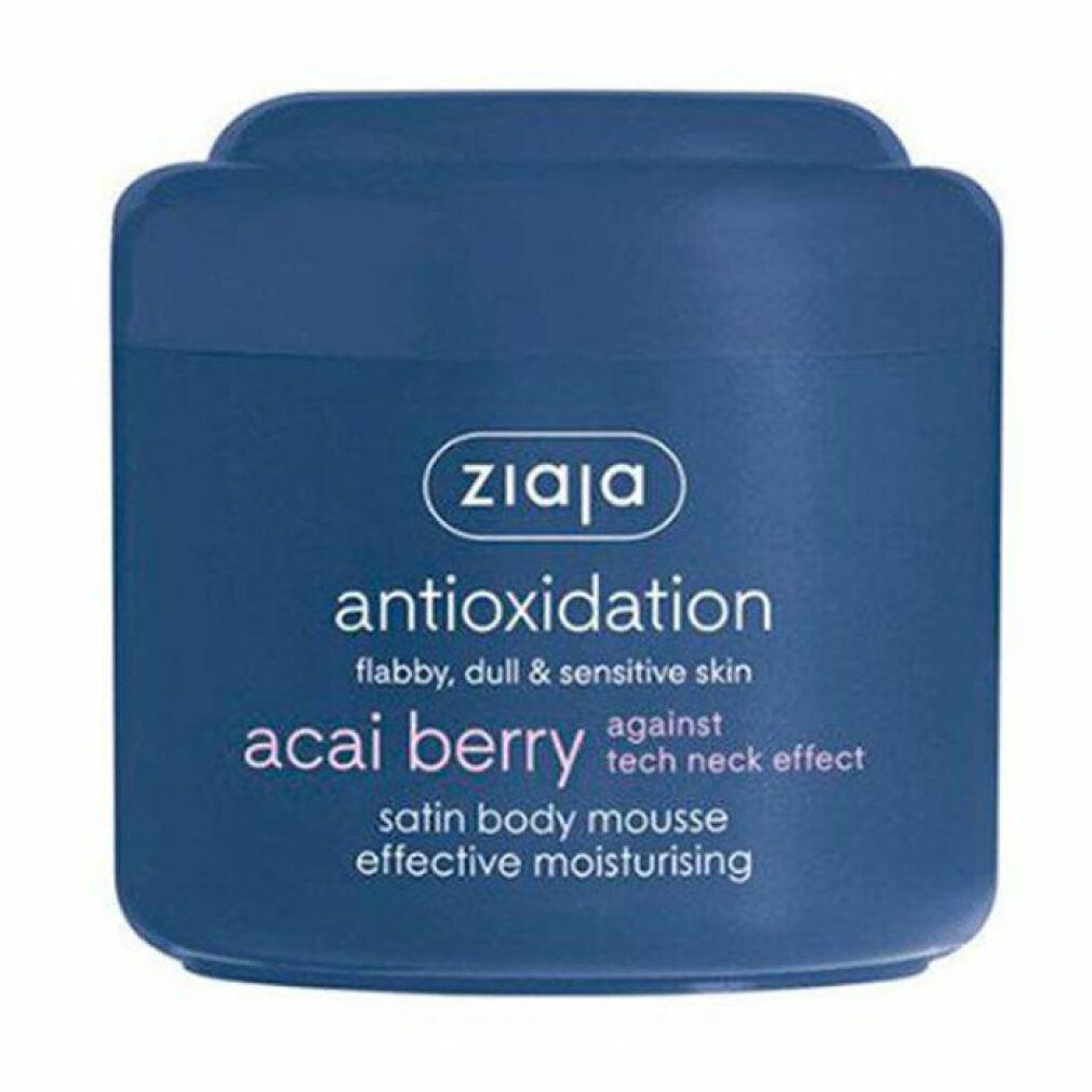 Vasetto blu con coperchio bianco. Scritta: Ziaja, Antioxidantion, Acai Berry, Satin Body Mousse. Contro l'effetto tech neck.