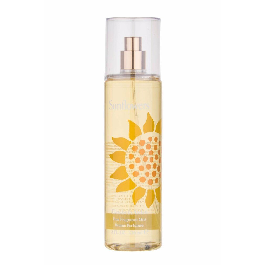 Flacone giallo con design girasole. Scritta 'Sunflowers' e 'Elizabeth Arden'. Tappo trasparente.