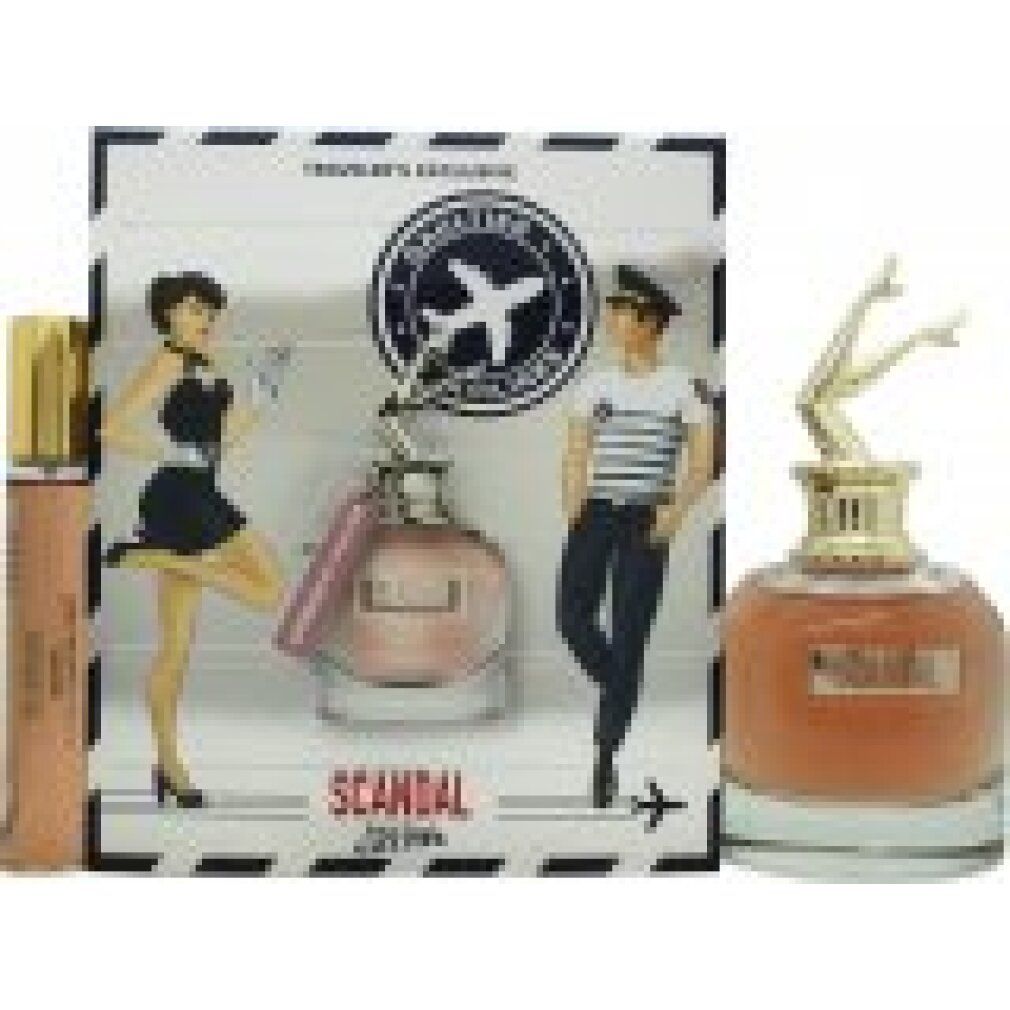 Set regalo con flacone, mini e scatola. Flacone con tappo dorato e scritta "SCANDAL". Mini con scritta "SCANDAL A PARIS".