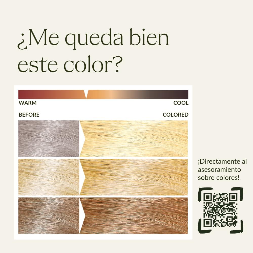 Confronto colori capelli: Prima/Dopo. Sfumatura da grigio a biondo e marrone. Codice QR per consulenza colore.
