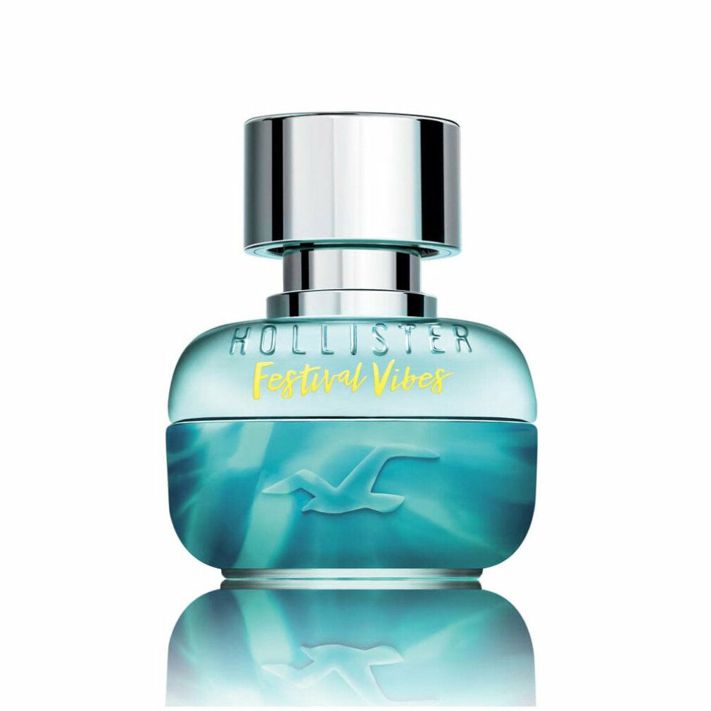 Flacone di eau de toilette turchese con tappo argentato. Scritta: Hollister Festival Vibes. Logo: gabbiano.