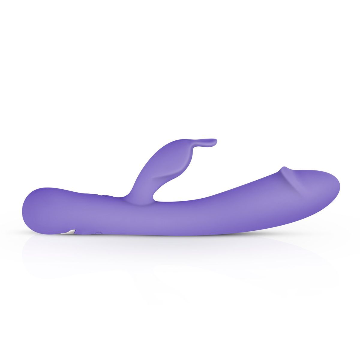 Vibratore viola con orecchie da coniglio. Su sfondo bianco.