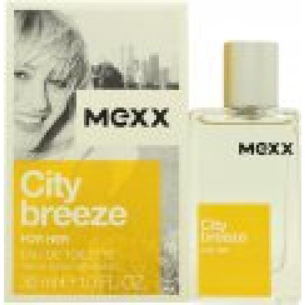 Flacone e confezione. Sulla confezione sono presenti un ritratto femminile, la scritta "City breeze FOR HER" e il marchio "MEXX". La bottiglia è parzialmente visibile.