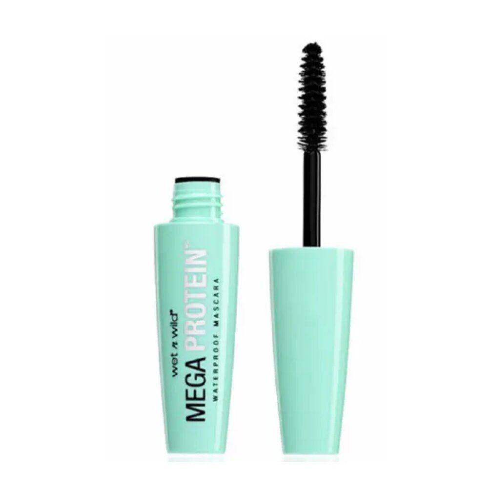 Spazzola per mascara turchese con spazzola nera. Scritta: Wet n Wild Mega Protein Waterproof Mascara.