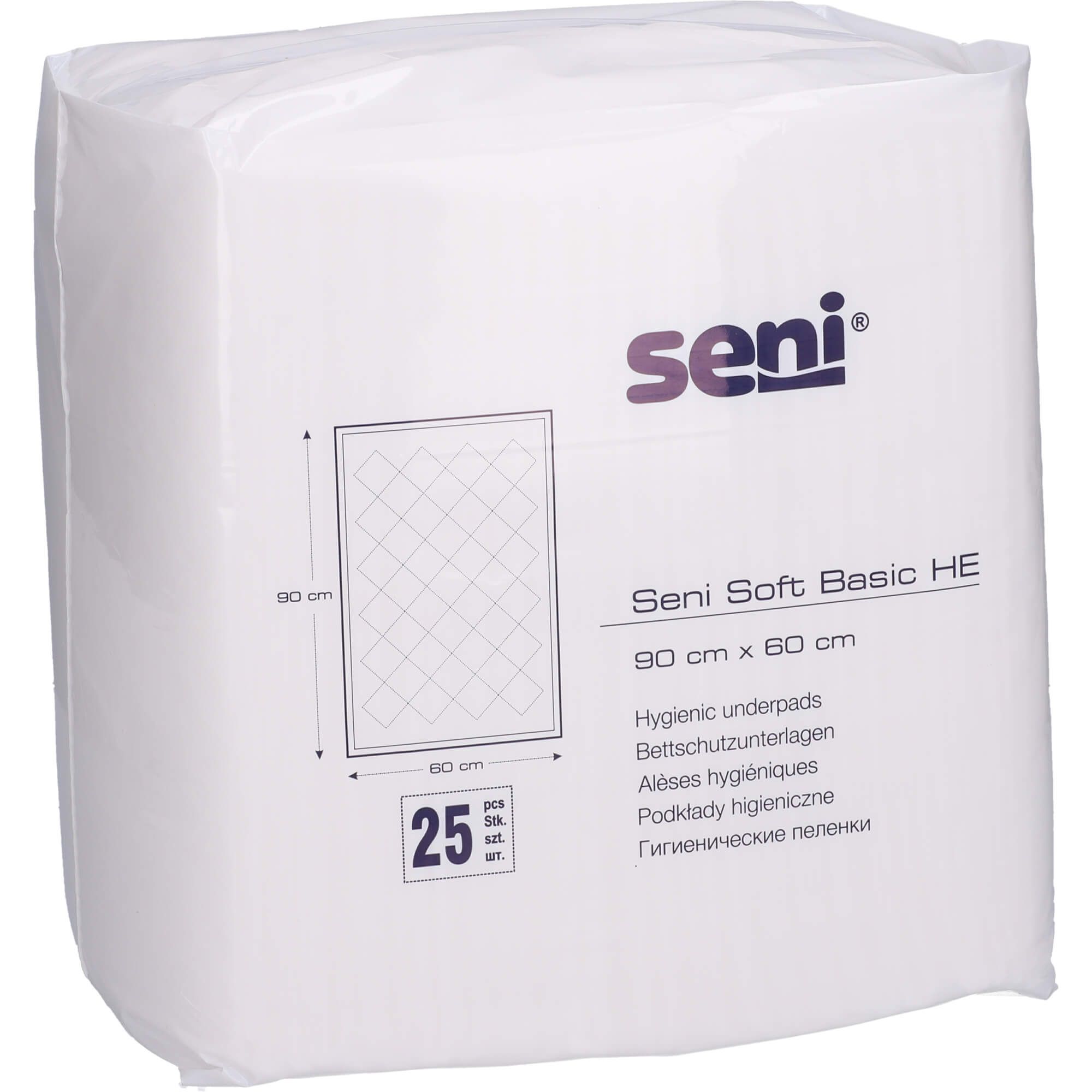 Confezione di SENI Soft Basic HE, protezione per letto. 25 pezzi. Dimensioni: 90 x 60 cm. Assorbenti igienici. Marchio SENI.