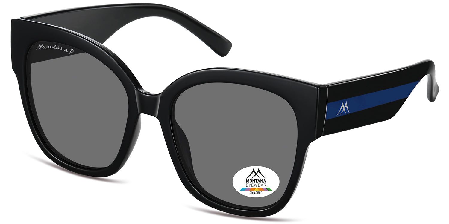 Occhiali da sole neri con lenti grigie. Logo Montana Eyewear sulla stanghetta sinistra. Logo polarizzato sulla lente destra.