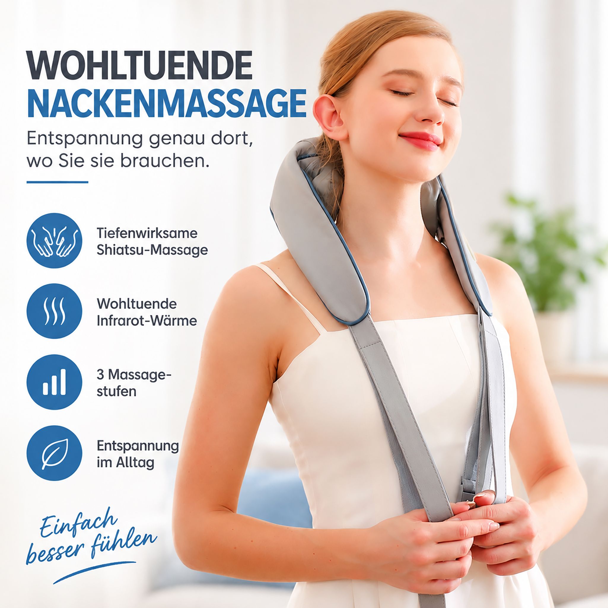 Massaggiatore per il collo grigio con massaggio shiatsu e funzione di calore, indossato da una donna in top bianco.