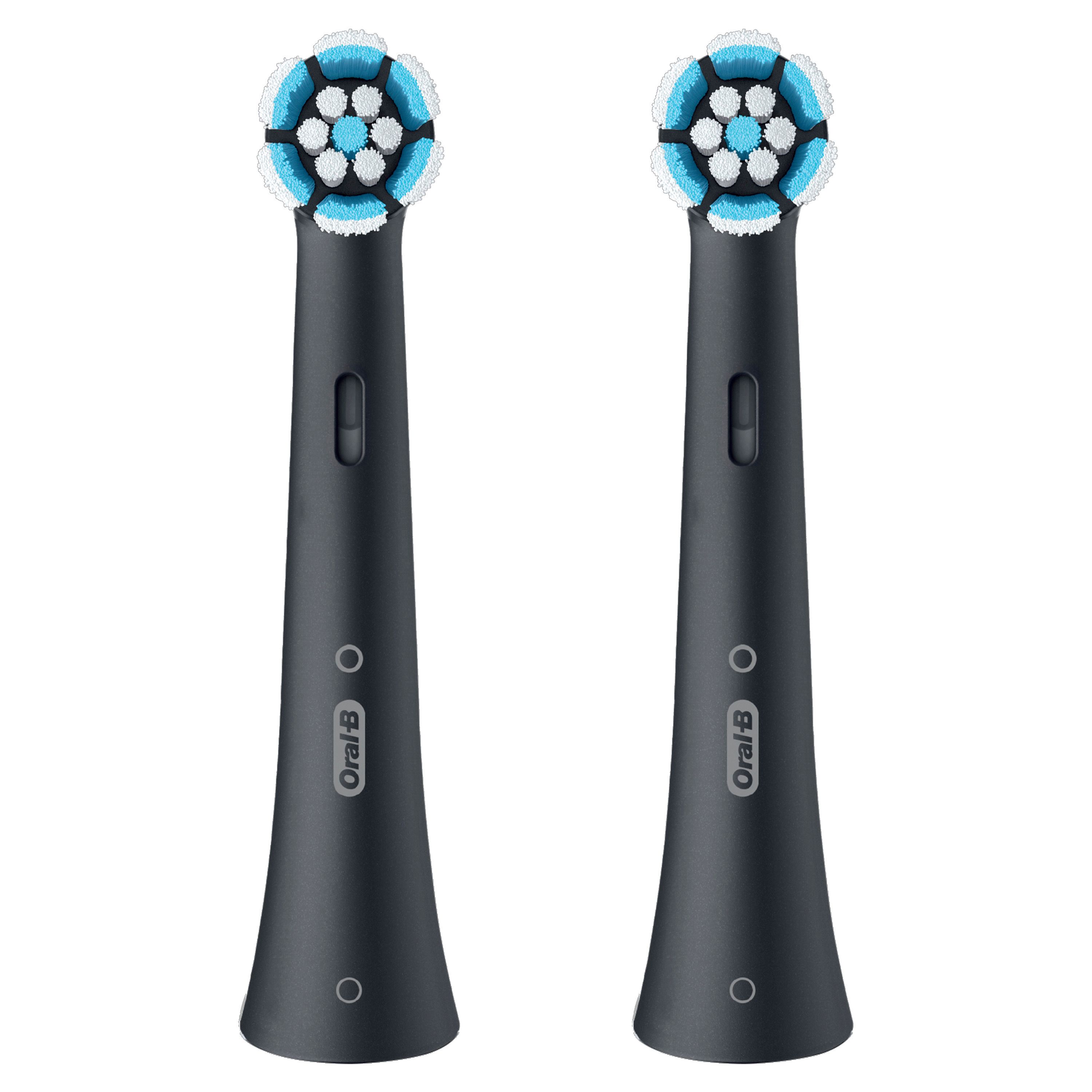 Due testine nere con setole blu e bianche. Logo Oral-B in basso.