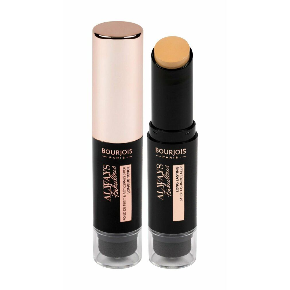 Stick fondotinta Bourjois Always Fabulous. Tappo oro rosa. Prodotto aperto. Nome e marchio visibili.