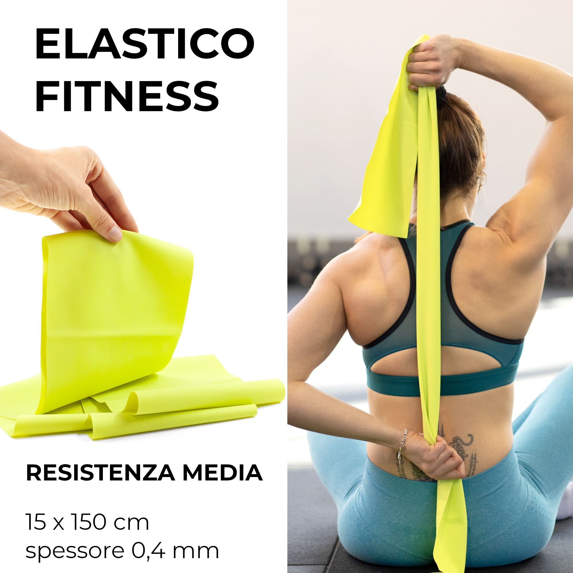 Fascia fitness 15x150 cm, mostrata in mano e usata da una donna.