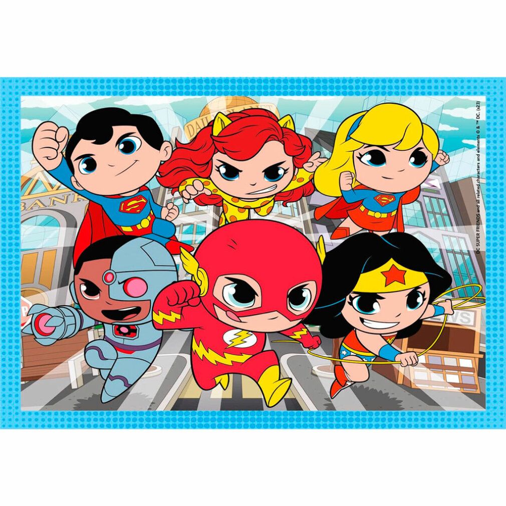 Puzzle con supereroi. Sei personaggi davanti a uno sfondo urbano. Stile fumetto.