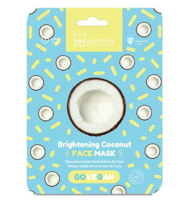 Maschera viso alla noce di cocco. Sfondo azzurro con illustrazioni di cocco e informazioni sul prodotto.