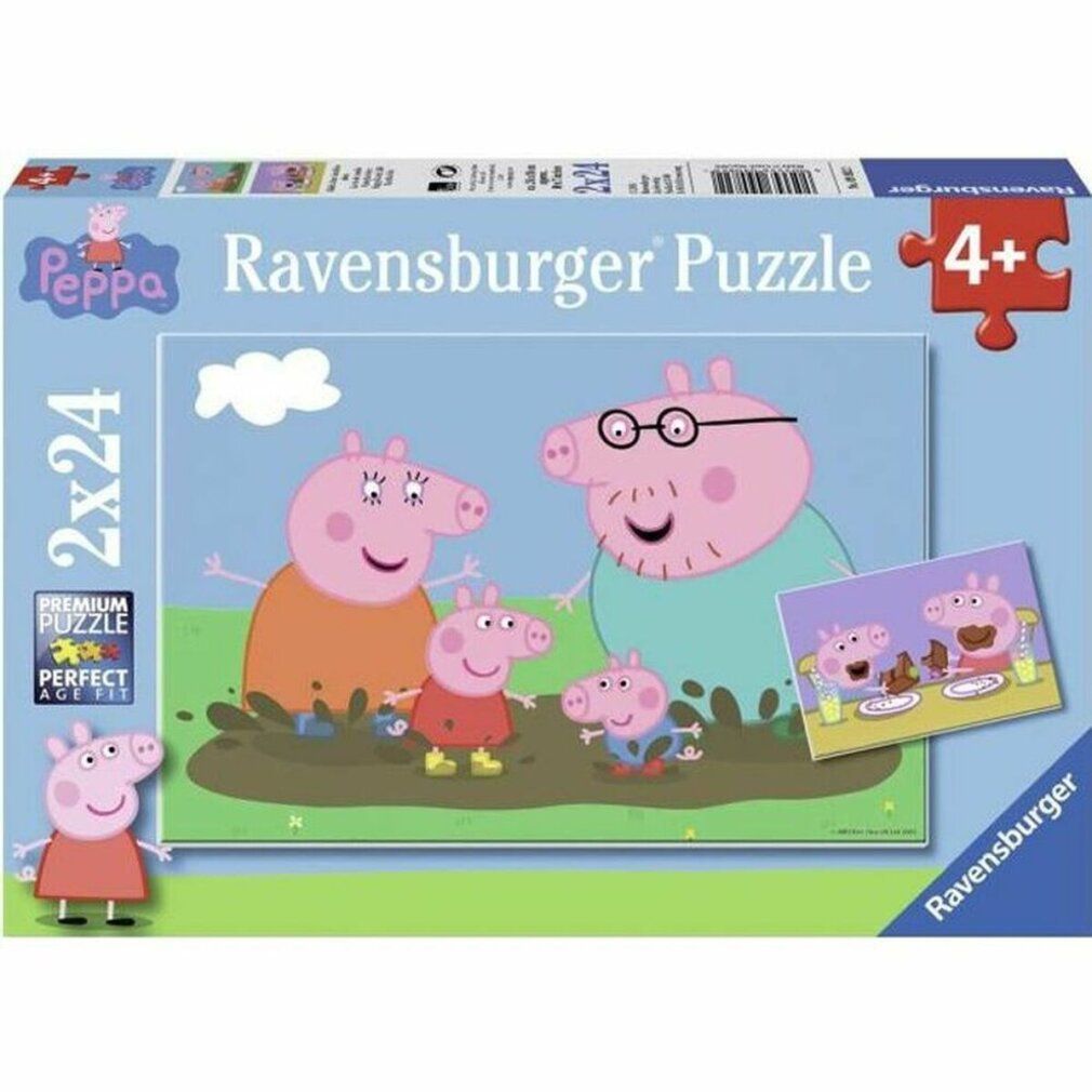 Scatola puzzle Peppa Pig. Puzzle Ravensburger, 2x24 pezzi. Scena familiare con personaggi nel fango.