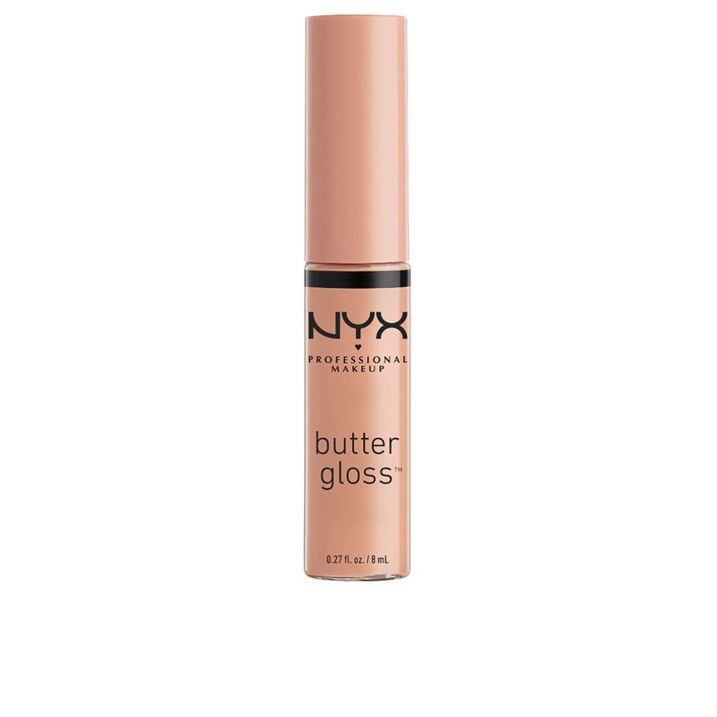 Lucidalabbra NYX Professional Makeup Butter Gloss Biscotto della Fortuna. Tubo beige con tappo. Scritta nera sul prodotto.