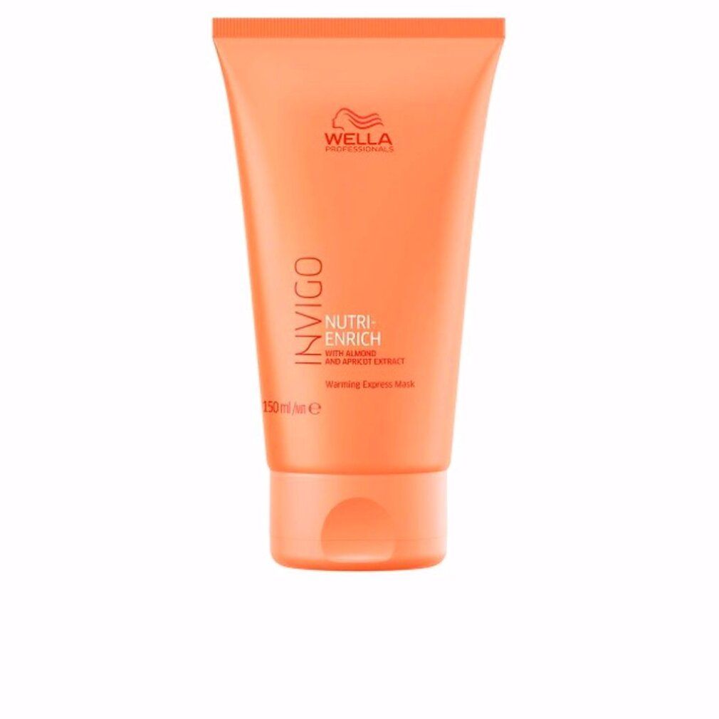Tubo arancione con nome del prodotto e logo. Testo: Invigo Nutri-Enrich Warming Express Mask. 150ml.