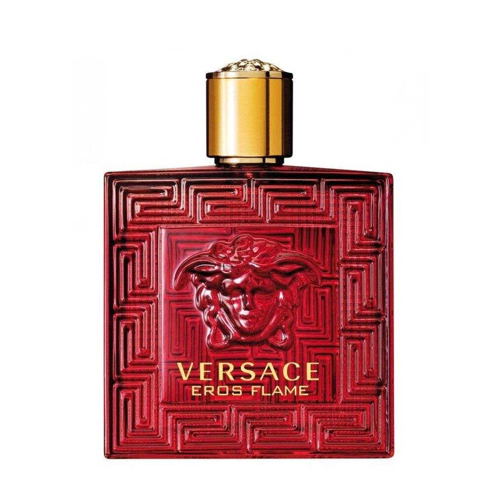Flacone rosso con tappo dorato. Logo Versace in rilievo e scritta 'Eros Flame'. Forma quadrata con motivo in rilievo.