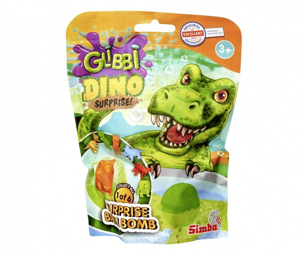 Confezione Glibbi Dino Sorpresa. Contiene una bomba da bagno a sorpresa e una figura di dinosauro.