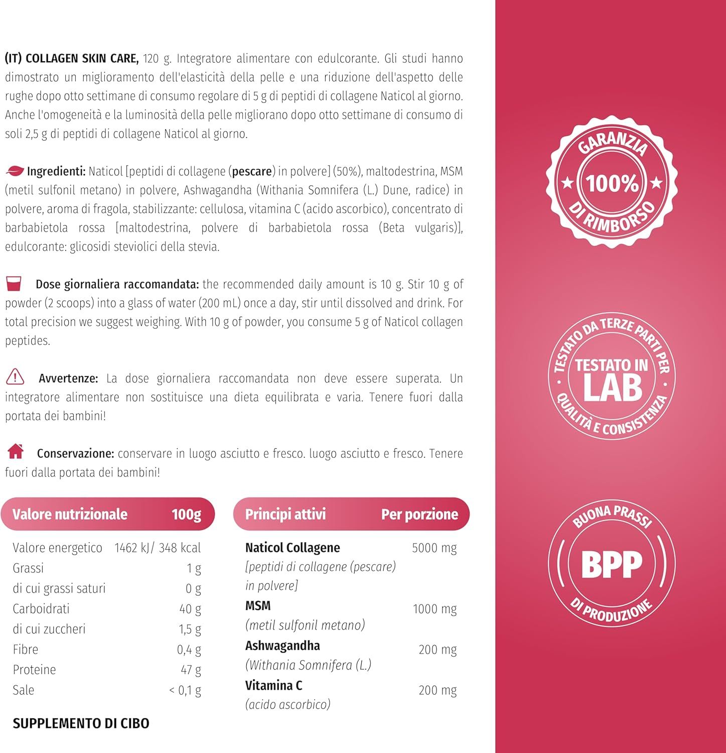 Pagina di testo con ingredienti e informazioni nutrizionali per Kollagen Skin Care. Timbro rotondo.
