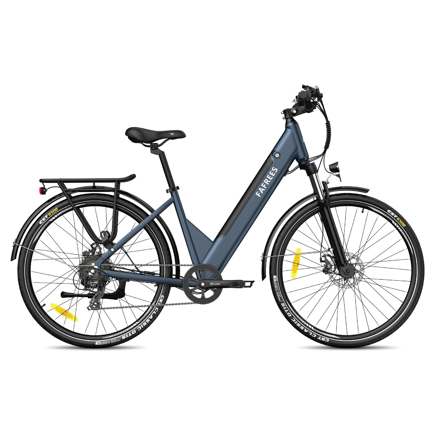 E-bike blu con portapacchi. Marchio FAFREES. Pneumatici e parafanghi neri. Riflettori gialli.