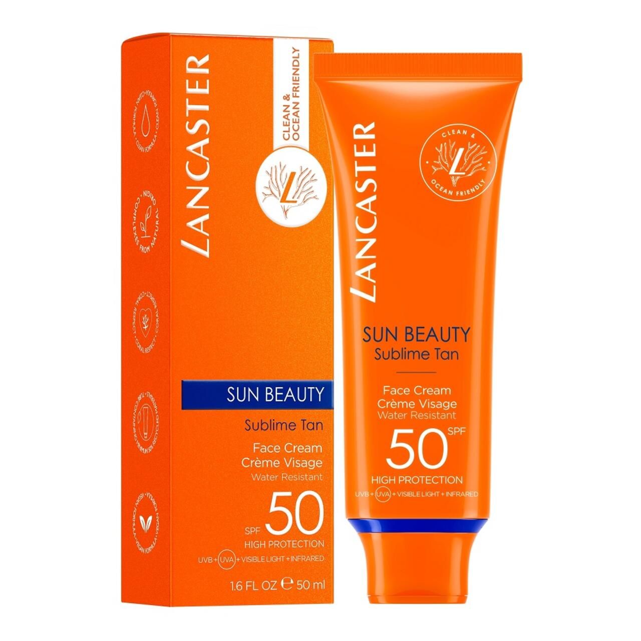 Tubo e confezione di crema solare. Testo: Lancaster, Sun Beauty, SPF 50, Clean & Ocean Friendly.