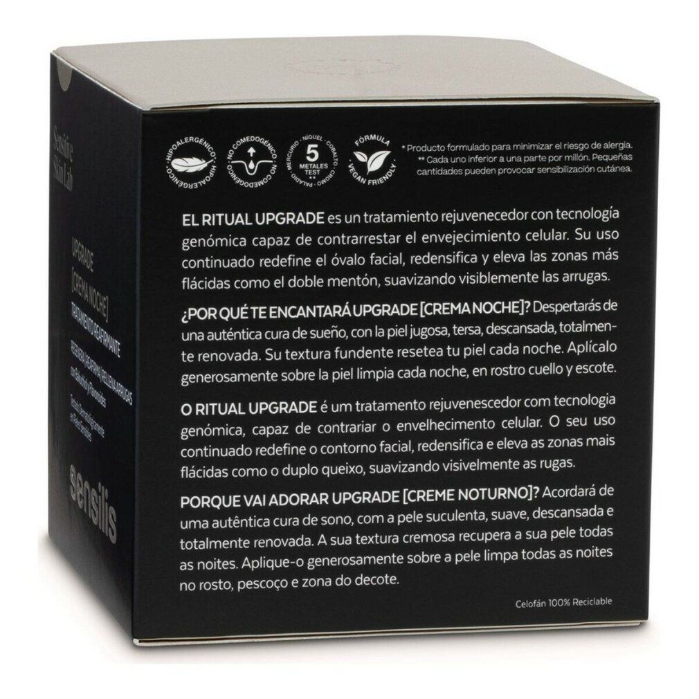 Scatola nera con testo. Scritta: Sensilis, descrizione del prodotto, ingredienti, logo riciclo.