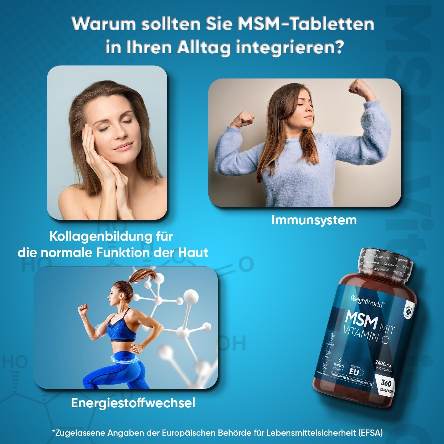 Tre immagini. Flacone MSM CON VITAMINA C. Testo: Formazione di collagene, sistema immunitario, metabolismo energetico. 360 compresse.