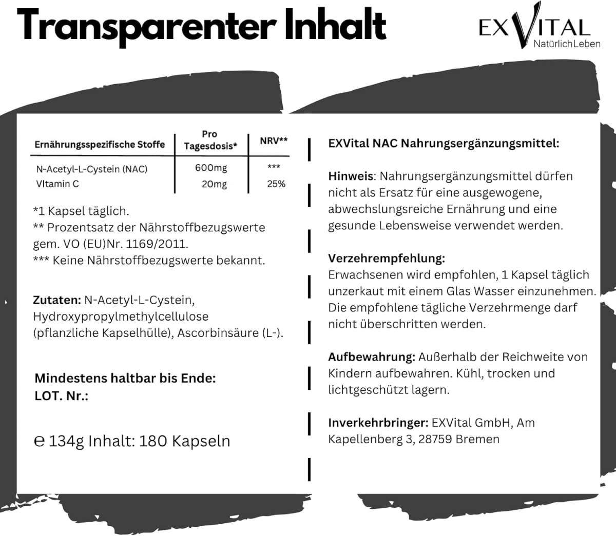 Informazioni sul prodotto. Testo: EXVital NAC Integratore alimentare. Ingredienti, uso, conservazione, produttore.