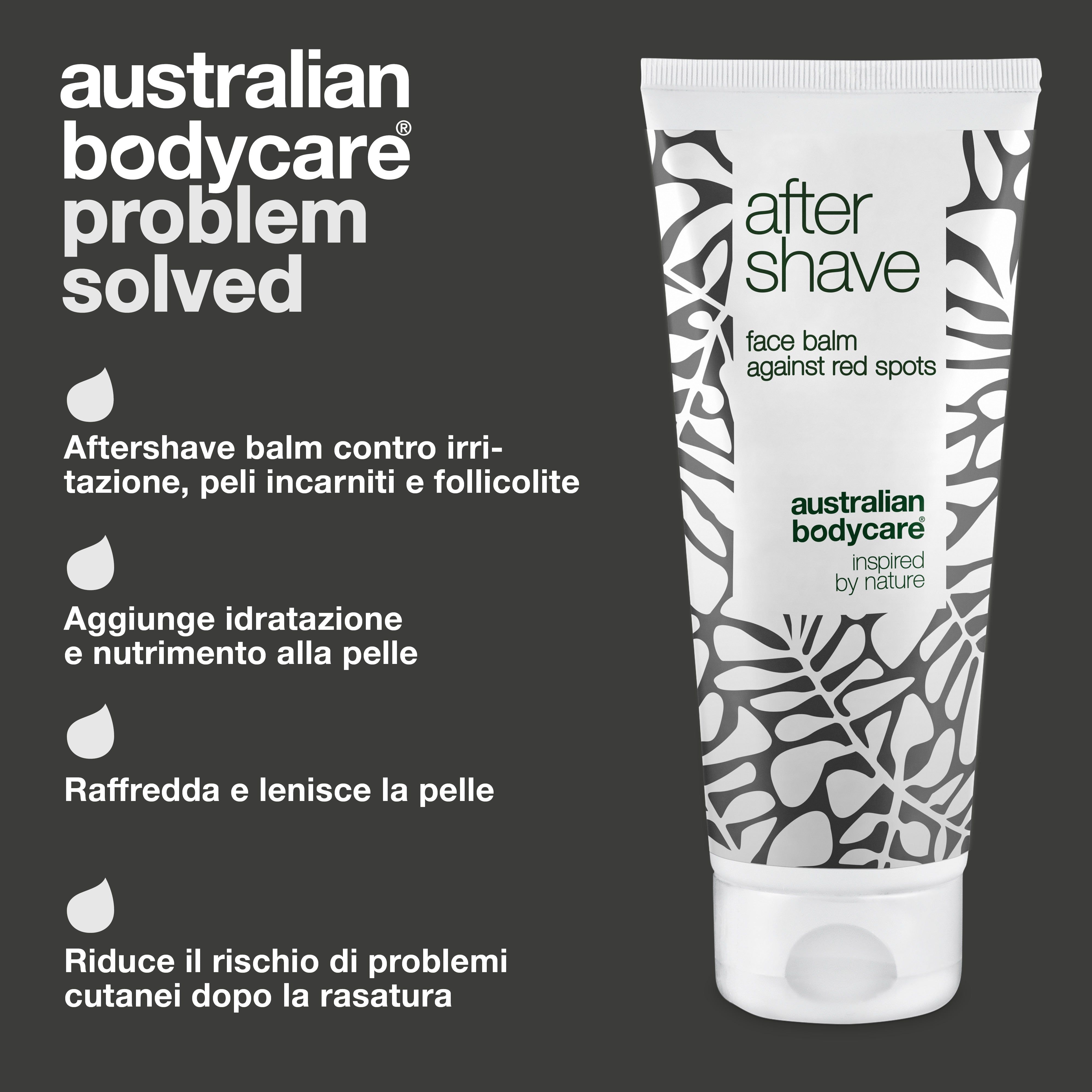 Confronto: problema e soluzione. Balsamo dopobarba. Scritta: After Shave, Australian Bodycare. Testo: follicolite.