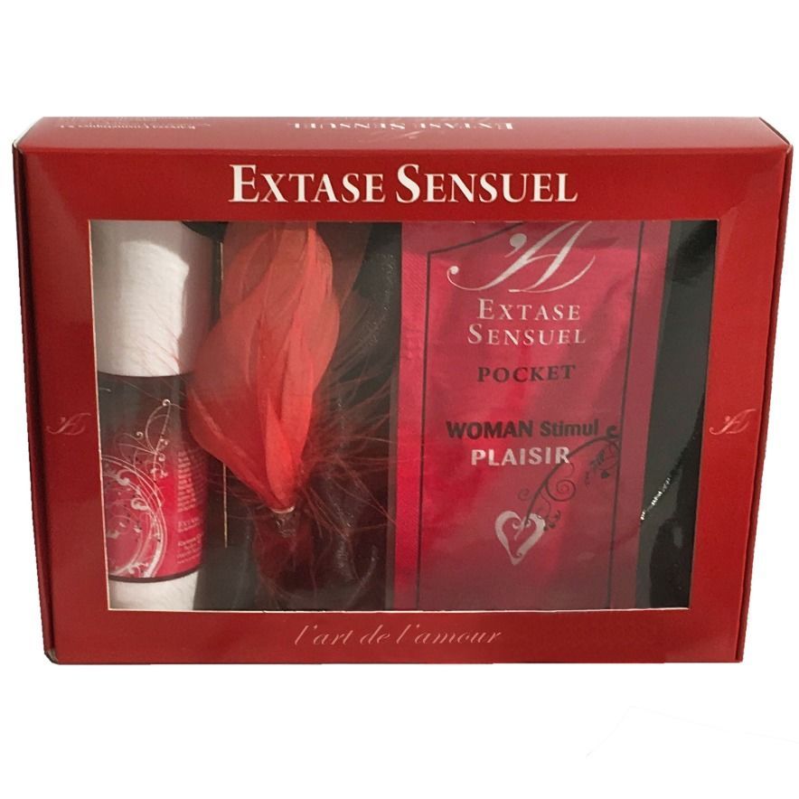 Confezione regalo con prodotti. Visibili: bottiglia, piuma, bustina. Scritta: Extase Sensuel, l'art de l'amour.