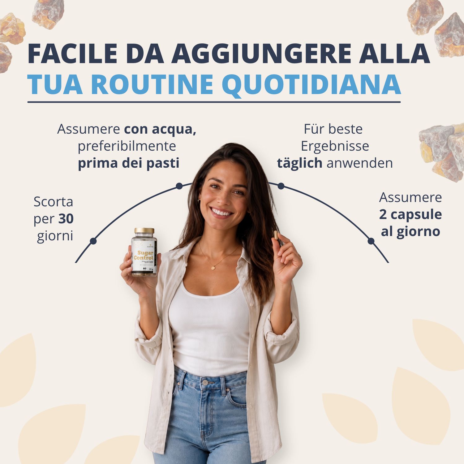 Capsule Golden Tree Sugar Control con panoramica degli ingredienti.