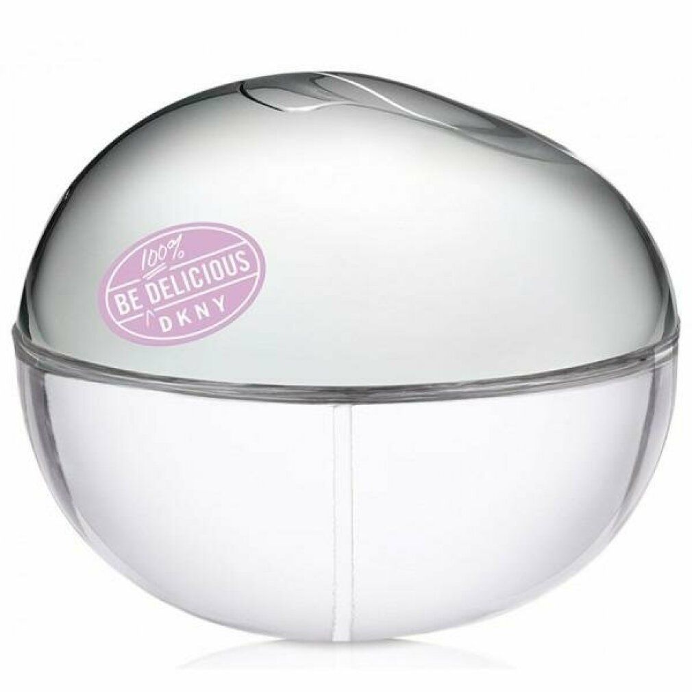 Flacone rotondo trasparente con tappo argentato. Adesivo rosa con testo: Be Delicious DKNY.