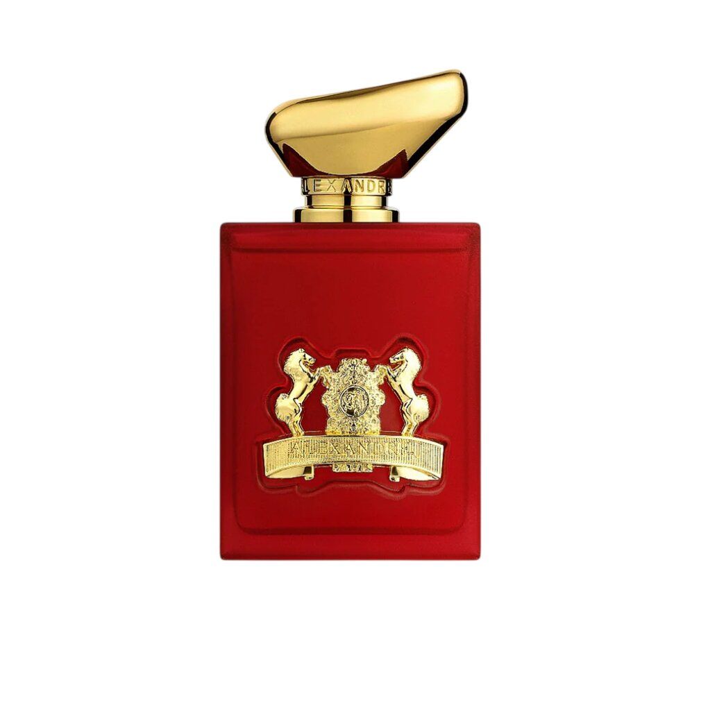 Flacone di profumo rosso con dettagli dorati. Chiusura dorata. Logo.