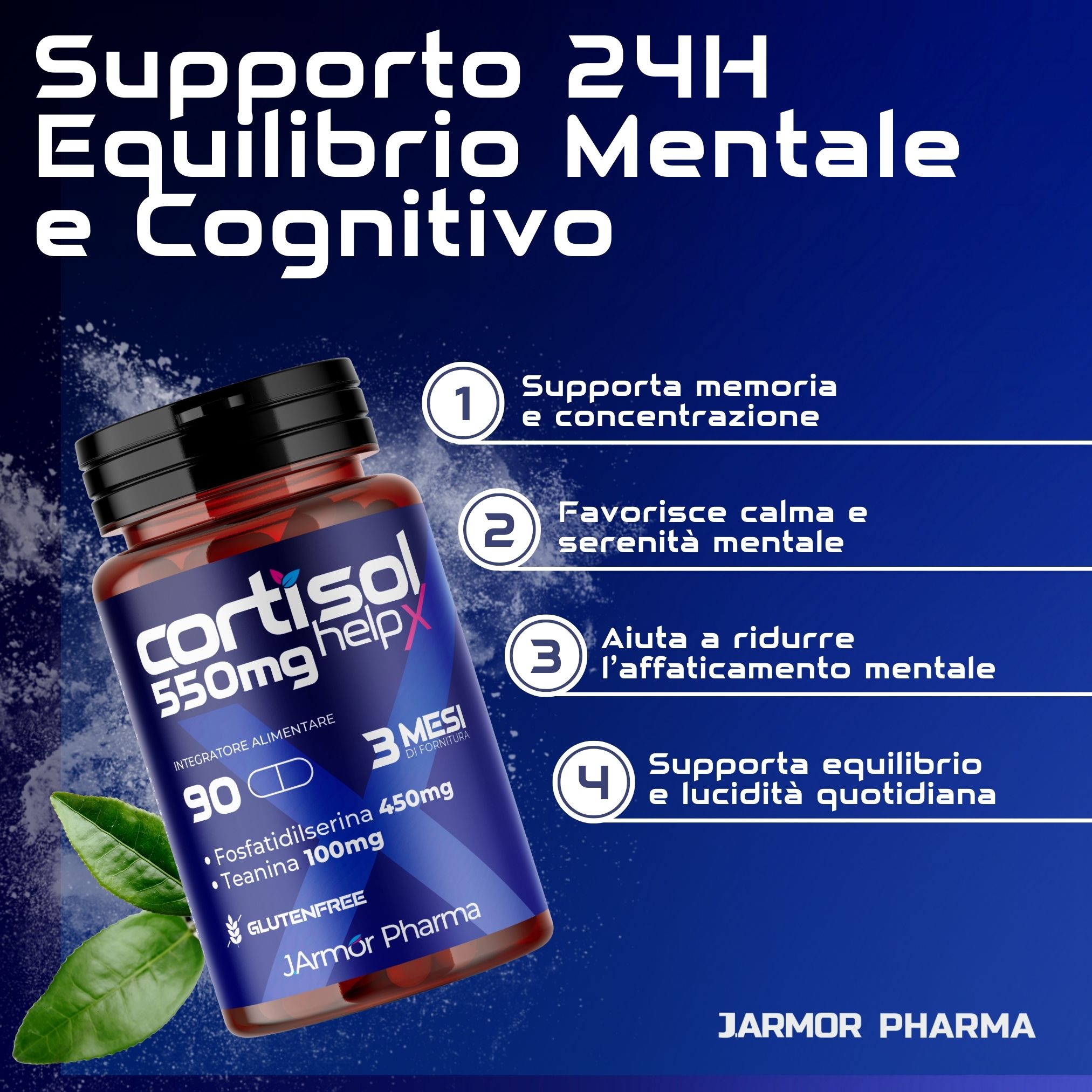 Flacone blu scuro di capsule. Scritta: Cortisol helpX, 550mg, 90 capsule, 3 mesi. Contiene fosfatidilserina e L-teanina. Marchio: JArmor Pharma.