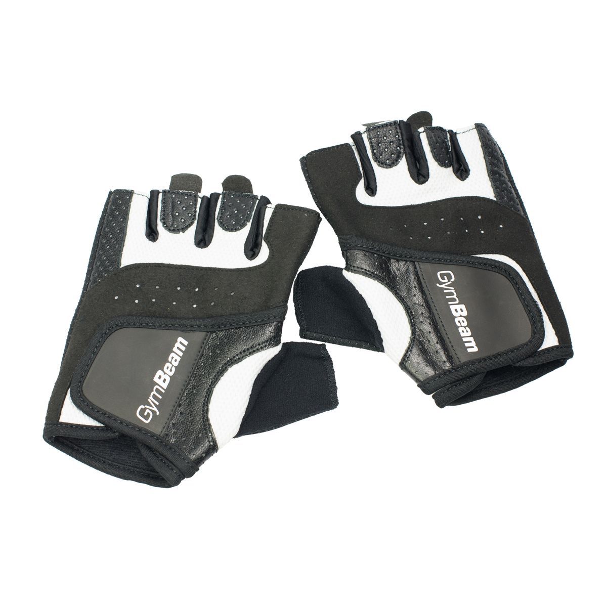 Guanti da fitness in pelle da donna, neri e bianchi, con palmo rinforzato e scritta GymBeam.