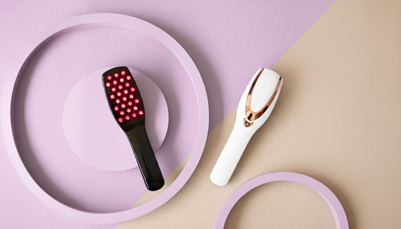 Due apparecchi per spazzola per capelli. Uno nero con luci rosse, uno bianco con accenti dorati. Su sfondo pastello.