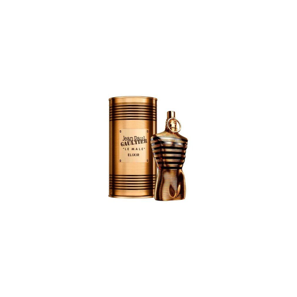 Flacone dorato a forma di torso e scatola cilindrica. Scritta "Jean Paul Gaultier" e "Elixir" sulla scatola.