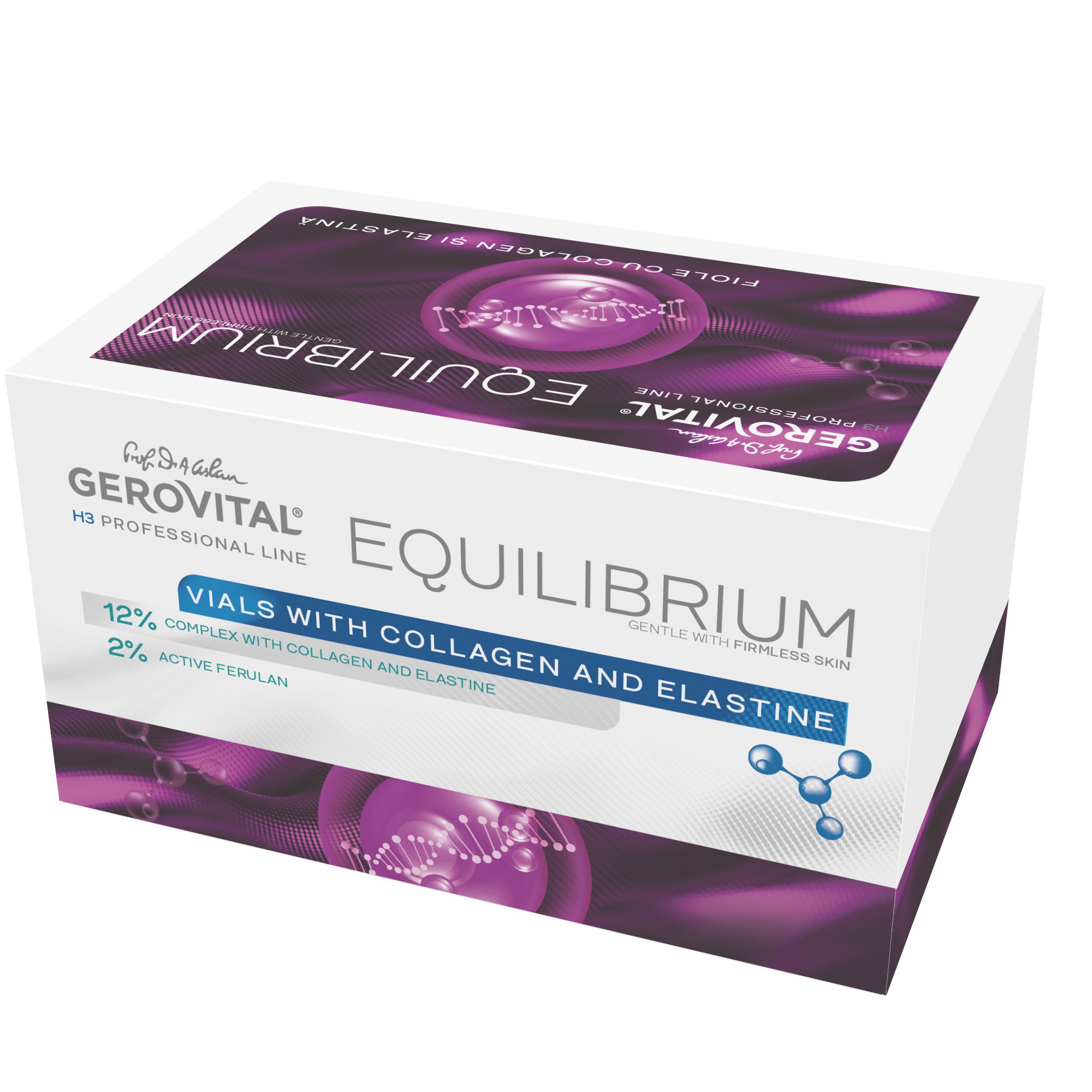 Confezione del prodotto, vista obliqua. Testo: Gerovital, Equilibrium, Vials with Collagen and Elastine. Accenti viola e bianchi.