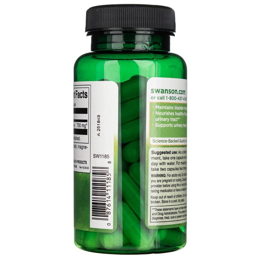 Lato della bottiglia Swanson D-Mannose 700 mg con istruzioni per l'uso e caratteristiche di qualità.