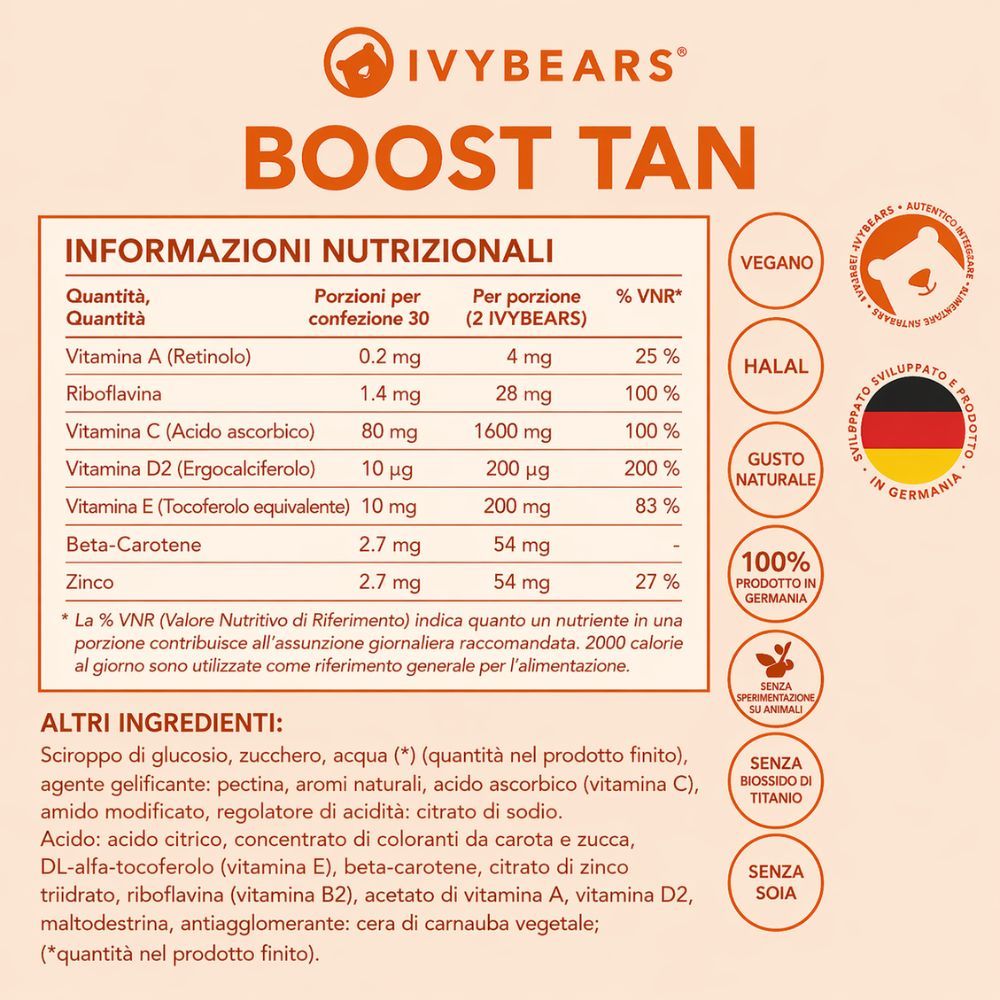 Tabella nutrizionale. Testo: Vegano, Halal, 100% Made in Germany, Senza glutine, Senza soia, Senza biossido di titanio.