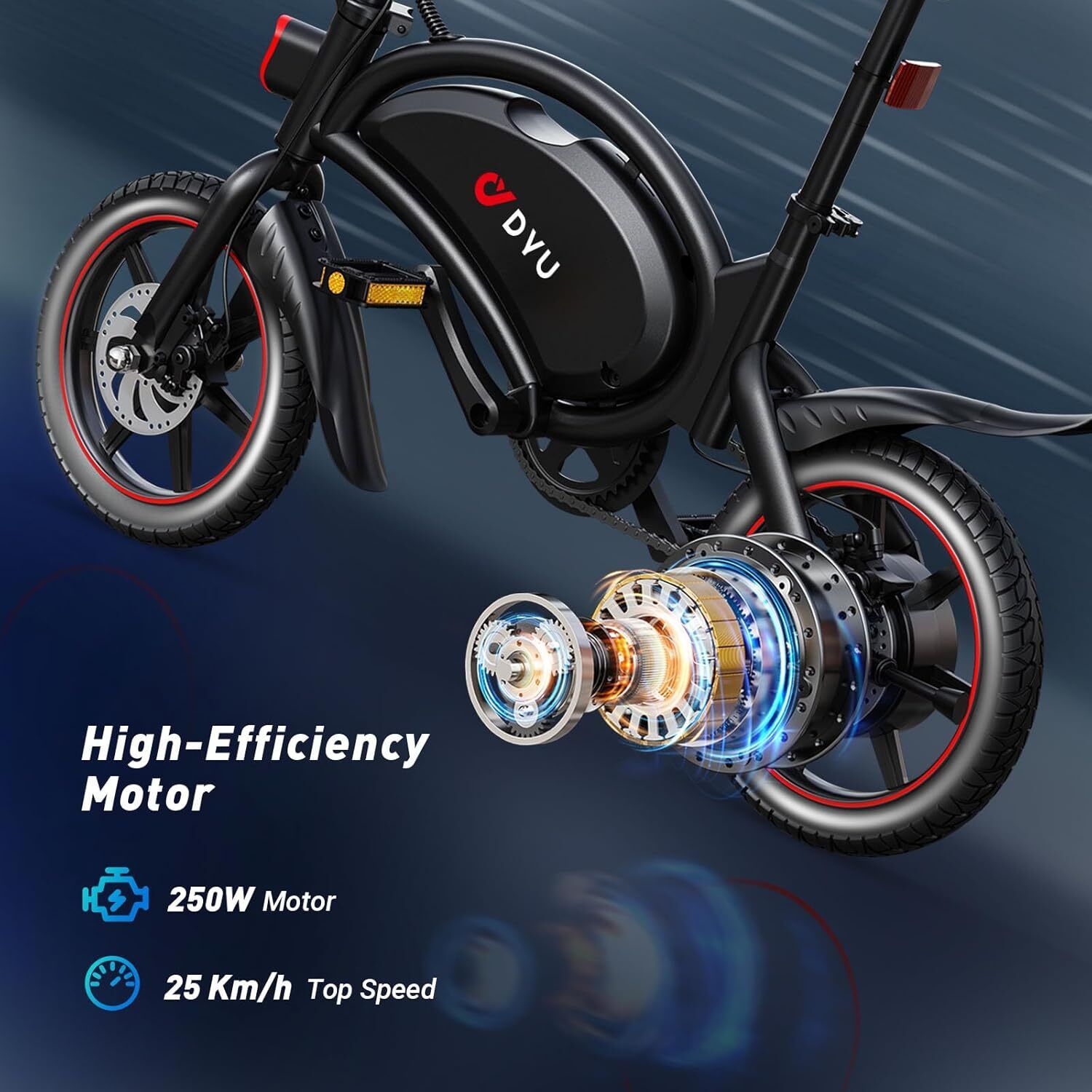 E-bike nera con cerchi rossi. Logo DYU. Motore 250W. Velocità massima 25 Km/h.