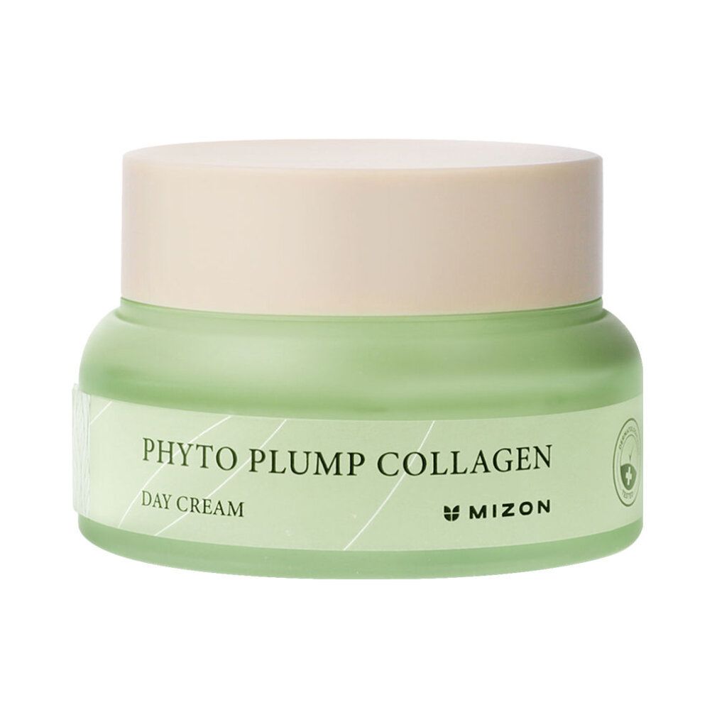 Vasetto di crema verde con coperchio beige. Scritta: Phyto Plump Collagen Day Cream. Marchio: Mizon.