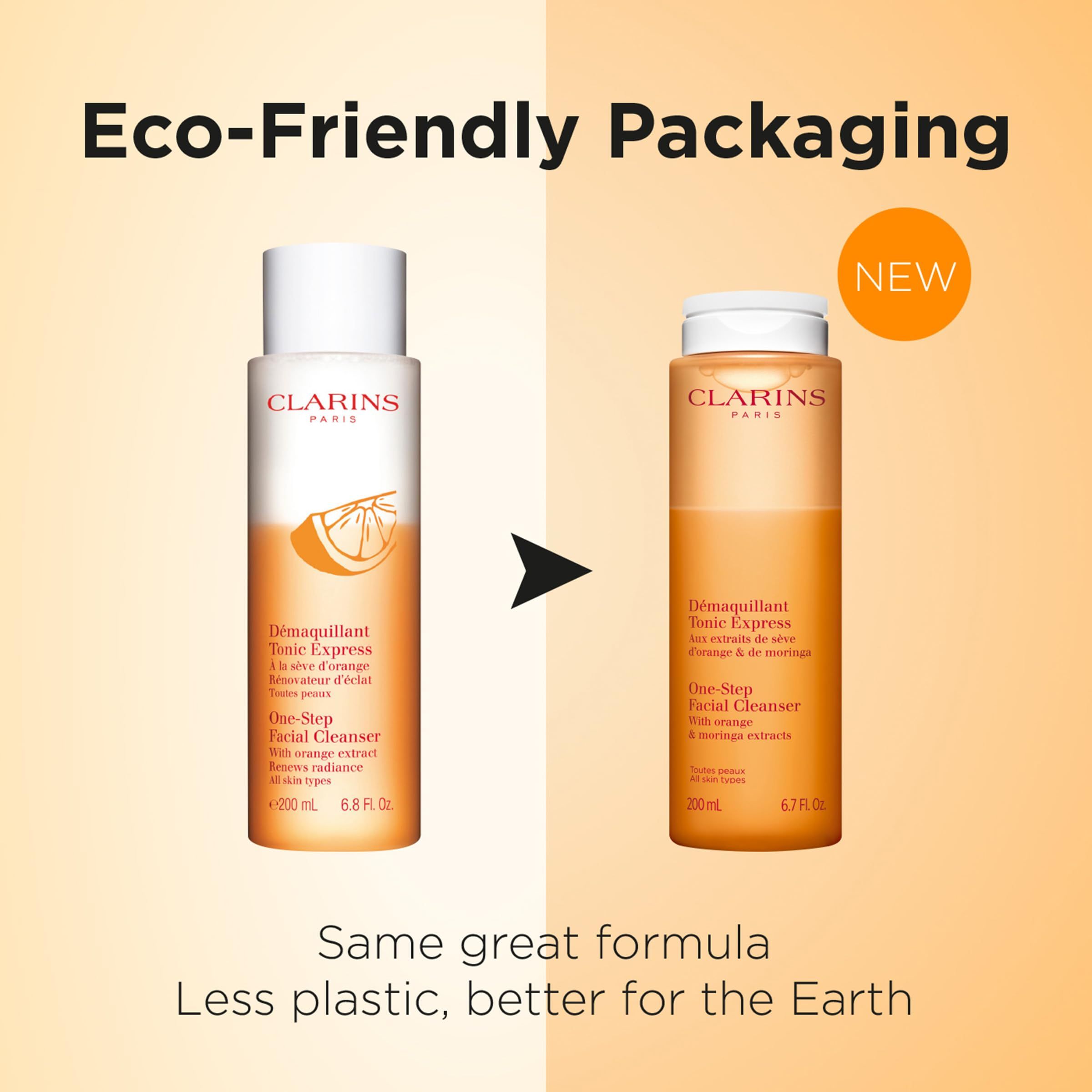 Due flaconi affiancati. Scritte: Clarins, D
emaquillant Tonic Express. Testo: Eco-Friendly Packaging, Same great formula.
