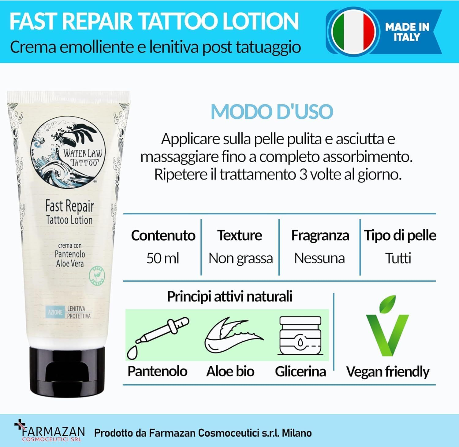 Tubo di crema con testo. Contiene 50 ml. Testo: Panthenol, Aloe bio, Glicerina. Logo Vegan Friendly. Made in Italy.