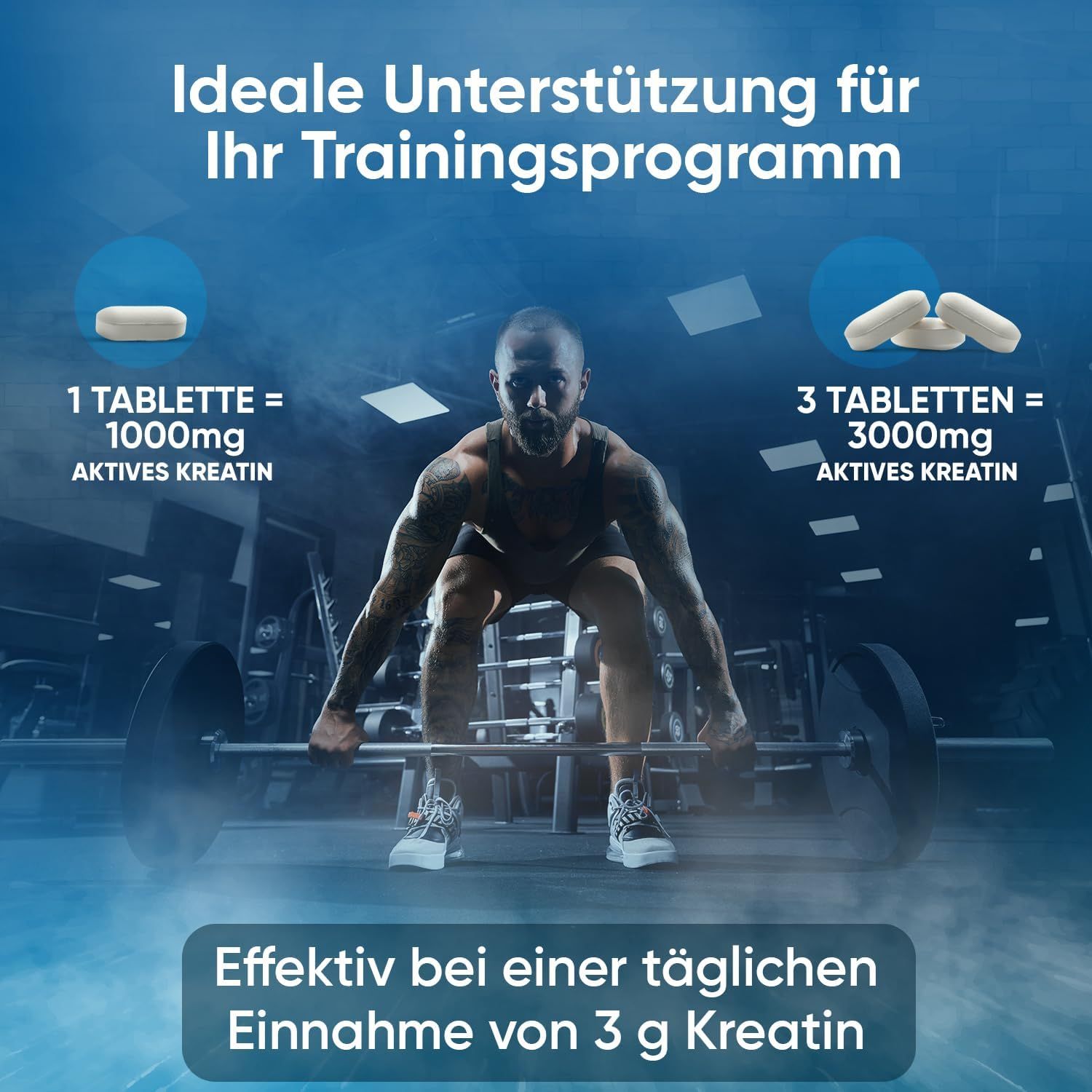 Uomo che si allena con i manubri. Testo: 1 compressa = 1000mg di creatina attiva. 3 compresse = 3000mg di creatina attiva. Efficace a 3g di creatina.