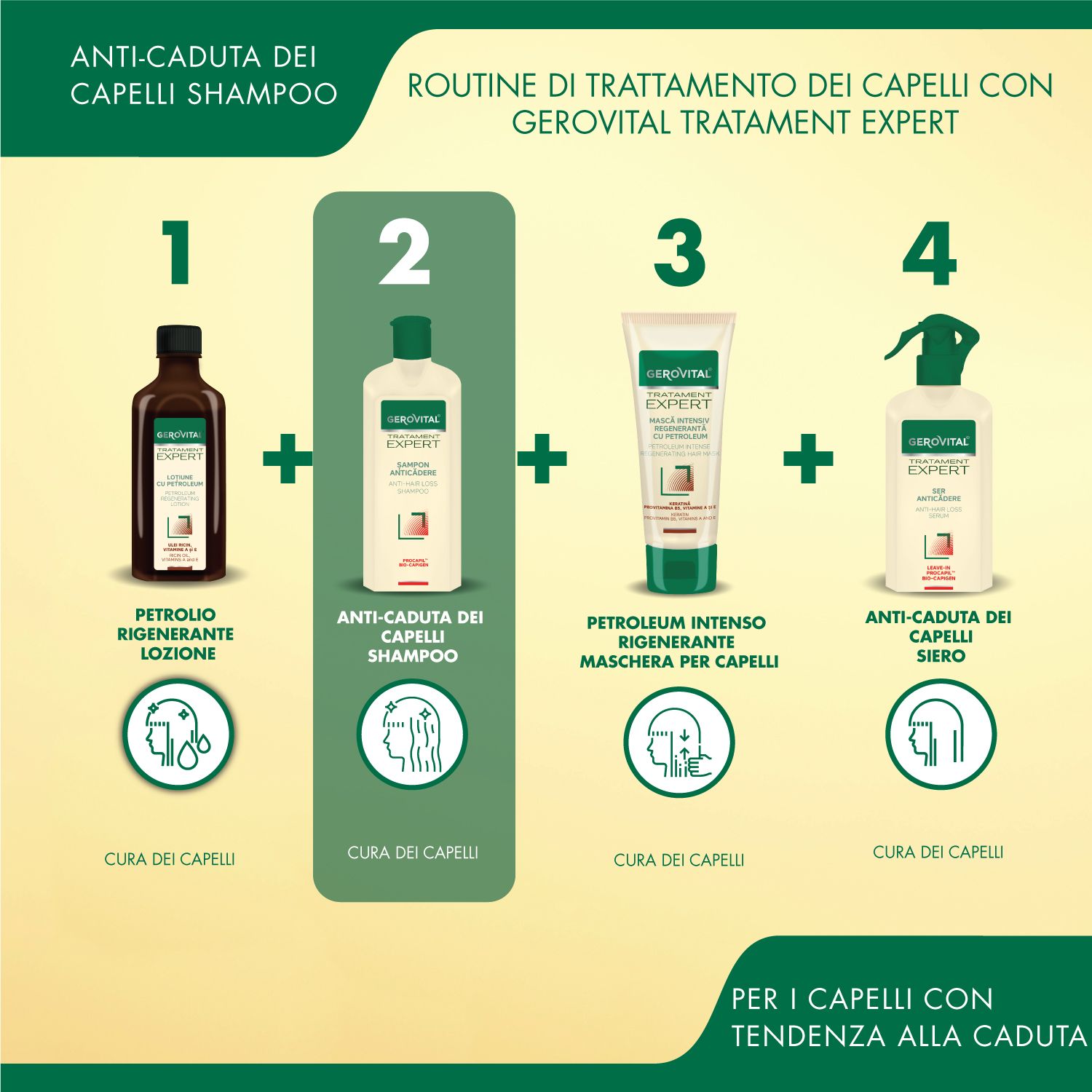 Schema con 4 prodotti. Shampoo, lozione, maschera per capelli, siero. Scritta: Gerovital Tratament Expert, Anti-Caduta dei Capelli Shampoo.